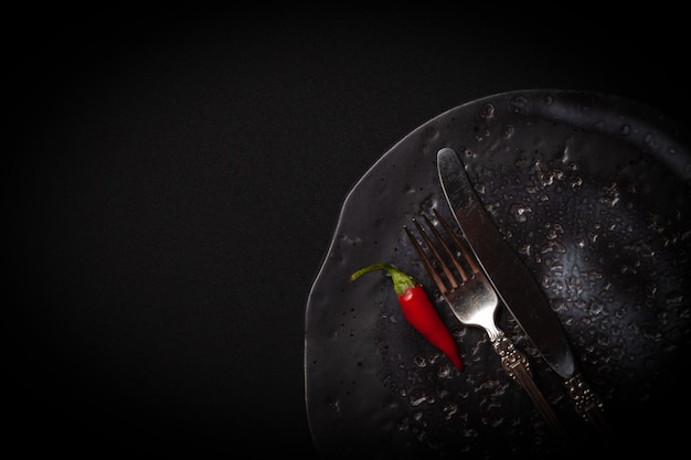 Foto prato de cerâmico redondo, garfo vintage, faca pimenta fresca vermelha em fundo preto