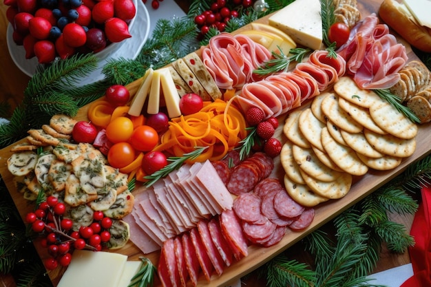 Foto prato de charcuteria festiva com queijos, carnes e frutas