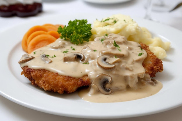 Foto prato de cogumelo schnitzel de porco cozinha molho comida gerar ai