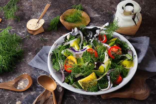 Prato de coloridas e saudáveis ervas orgânicas frescas e legumes generativos ai