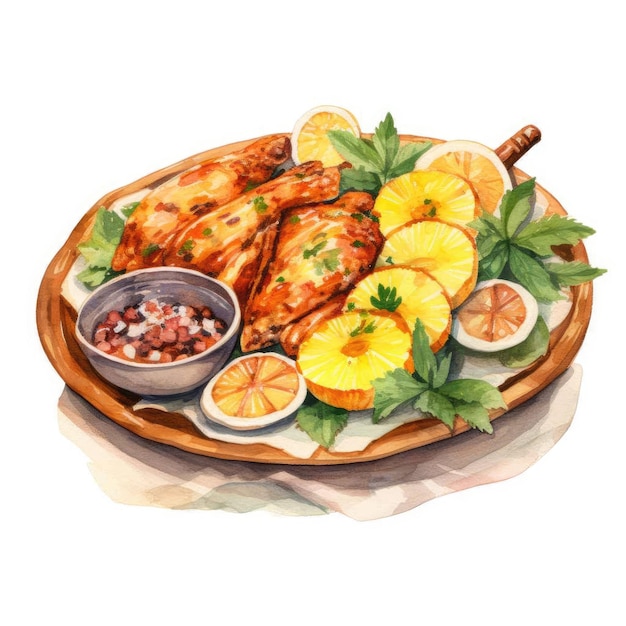 Foto prato de comida brasileira caruru aquarela colorida esboço desenhado na mão