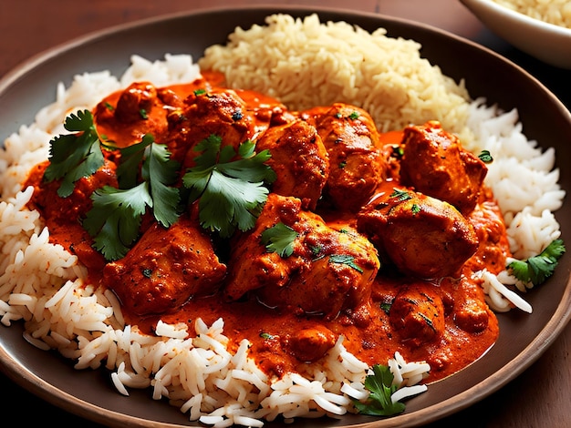 prato de comida com arroz e almôndegas frango tikka masala roti