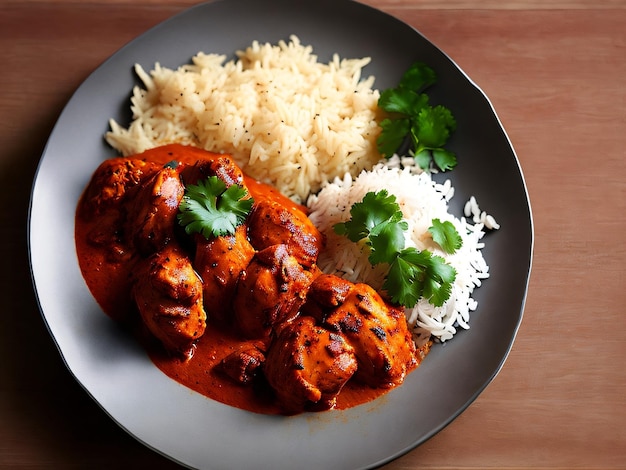 prato de comida com arroz e almôndegas frango tikka masala roti