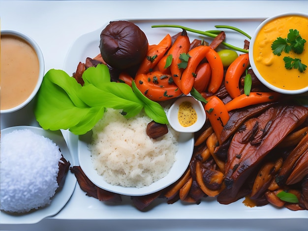 Prato de comida deliciosa brasileira carne assada com molho de legumes arroz e batata frita generativa ai