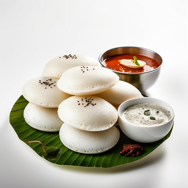 Prato de comida idli indiana com recipientes de chutney isolados no fundo branco