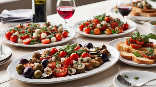 Prato de comida vegetariana de inspiração italiana em uma mesa de madeira branca em um restaurante apresenta clássicos como capre