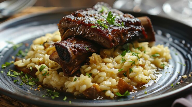 Foto prato de costelas curtas servido com risoto