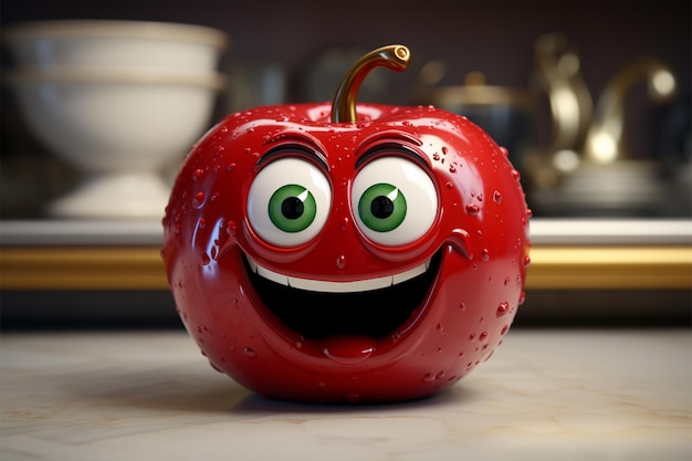 Foto prato de cozinha com uma maçã vermelha engraçada adornada com olhos