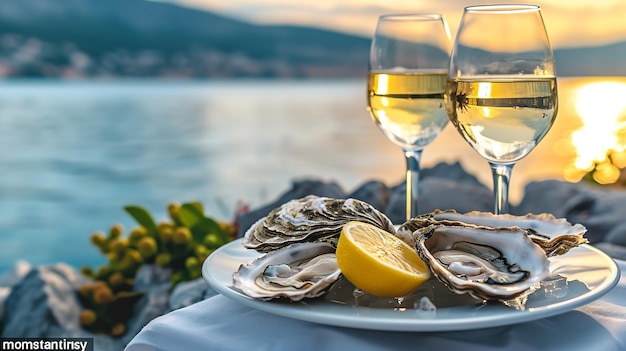 Foto prato de cozinha croata com limão e dois copos de vinho branco com ostras generative ai