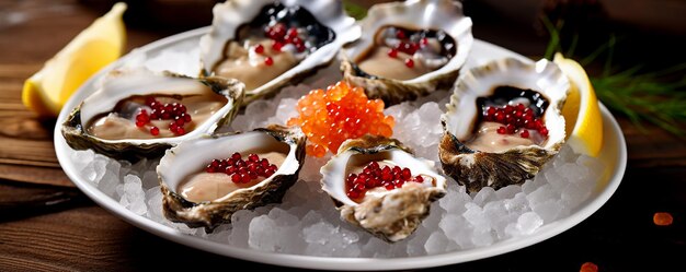 Foto prato de deliciosas ostras com caviar preto e vermelho de limão