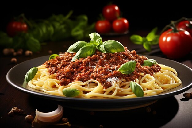 Foto prato de deliciosos espaguetes bolognese ou bolognese