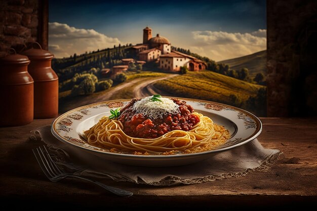 Prato de espaguete italiano à bolonhesa com fundo pitoresco do campo AI
