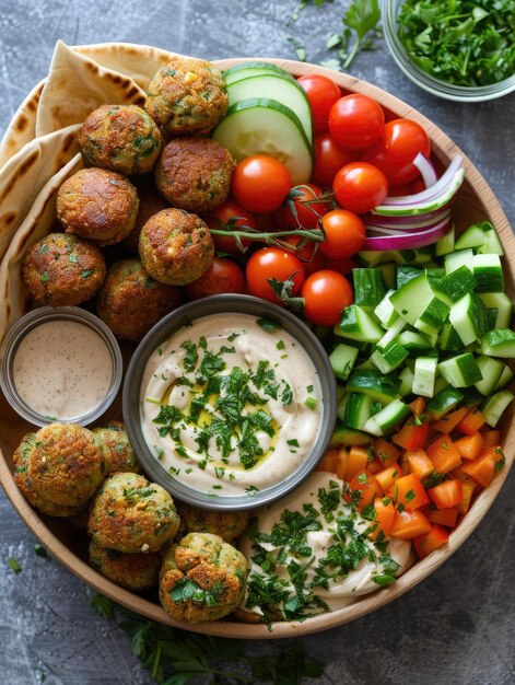 Prato de falafel com tahini pita e legumes