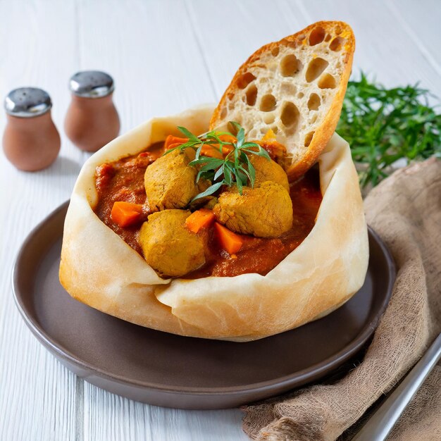 Foto prato de fast food sul-africano bunny chow curry com carne e vegetais em pão branco sobre um fundo branco