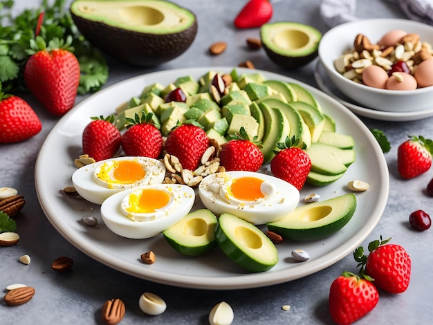 Prato de foto com uma dieta paleo comida ovos cozidos cerejas e morangos pequeno-almoço paleo