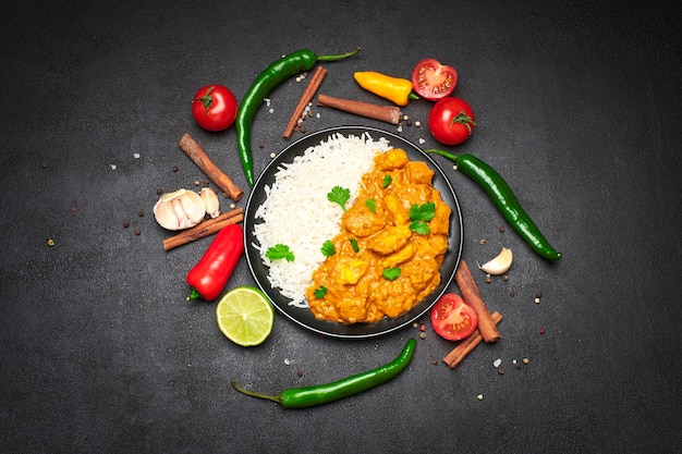 Prato de frango ao curry tradicional e temperos na mesa escura
