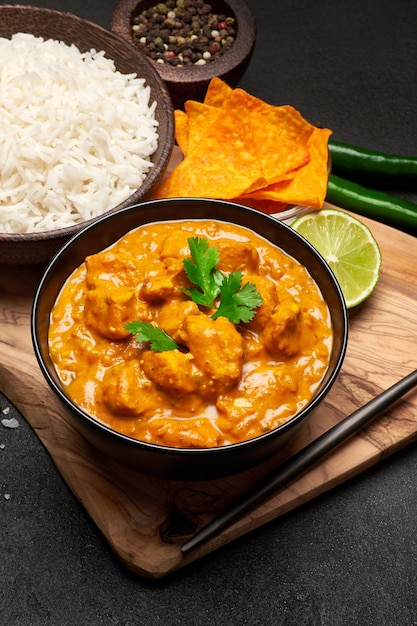 Prato de frango com curry tradicional, arroz e especiarias na mesa escura