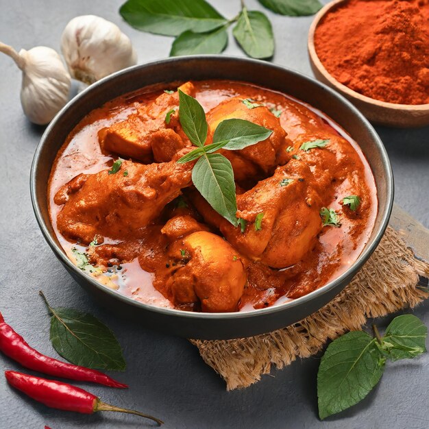 Foto prato de frango com molho de curry e arroz em fundo branco