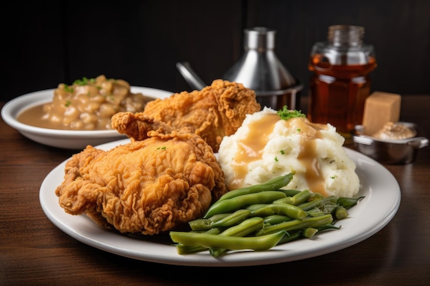 Prato de frango frito com purê de batatas e molho e feijão verde criado com ai generativo