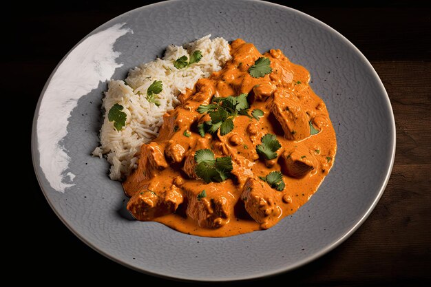 Prato de frango tikka masala com molho cremoso e guarnição fresca criado com ai generativo