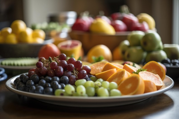 Prato de frutas e vegetais frescos com outros alimentos em segundo plano criados com ai generativa