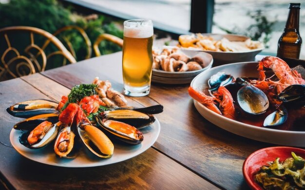 Foto prato de frutos do mar com camarões mexilhões lagostas servidas com limão e um copo de cerveja