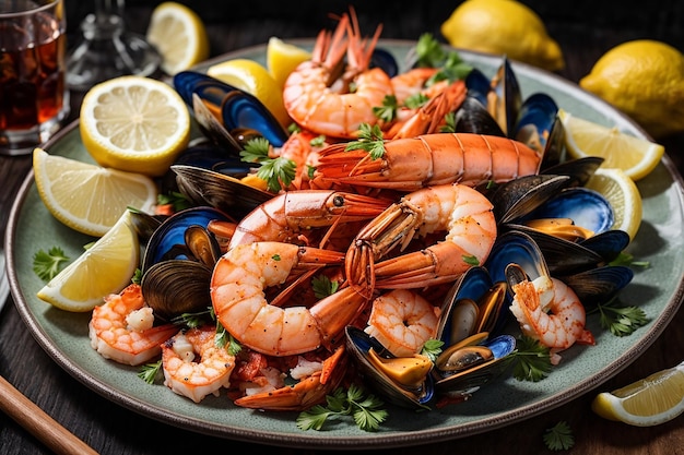 prato de frutos do mar com camarões mexilhões lagostas servidas com limão