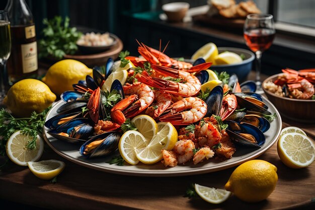 Foto prato de frutos do mar com camarões mexilhões lagostas servidas com limão