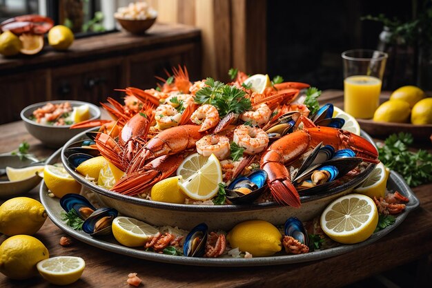 Foto prato de frutos do mar com camarões mexilhões lagostas servidas com limão