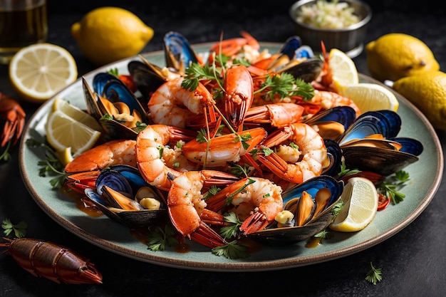 prato de frutos do mar com camarões mexilhões lagostas servidas com limão