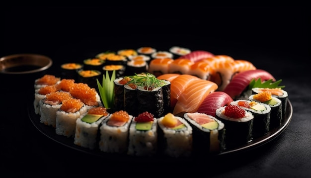 Prato de frutos do mar frescos maki sushi sashimi nigiri e California roll gerado por IA