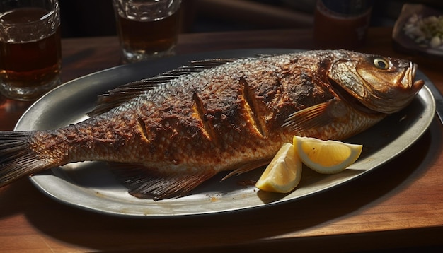 Prato de frutos do mar grelhados com peixe fresco, limão e legumes gerados por inteligência artificial