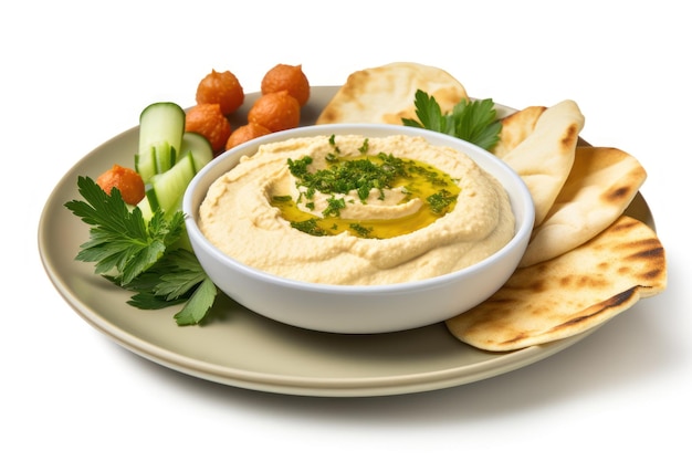 Prato de hummus libanês em fundo branco