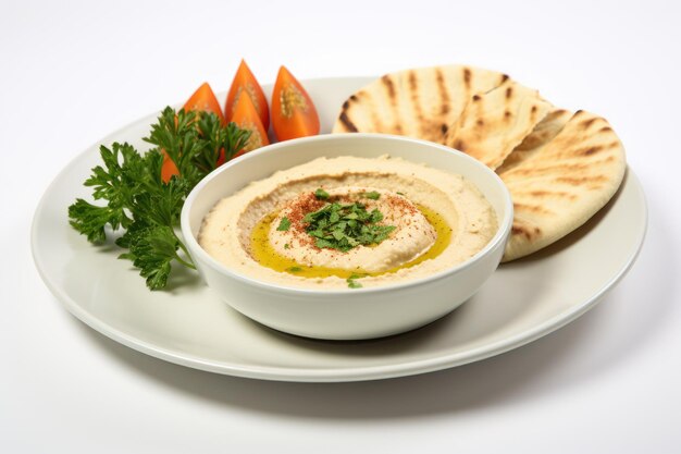 Prato de hummus libanês em fundo branco