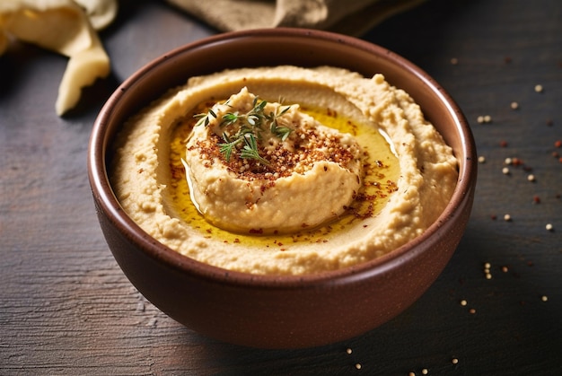 Prato de húmus em um prato em fundo de mesa Pratos de grão-de-bico um prato vegetariano