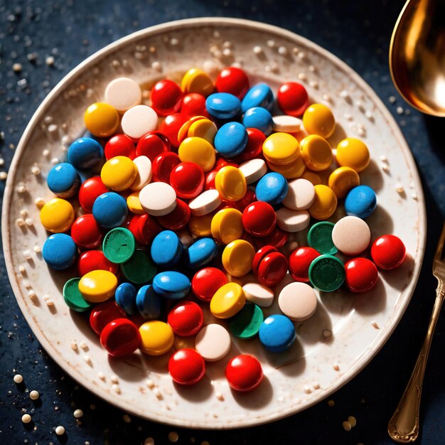 Foto prato de jantar cheio de pílulas indicando dieta de boa nutrição como remédio