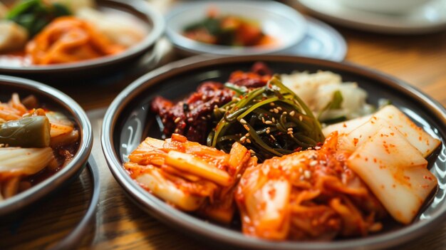 prato de kimchi coreano variado e vegetais em conserva na mesa de jantar Generative Ai