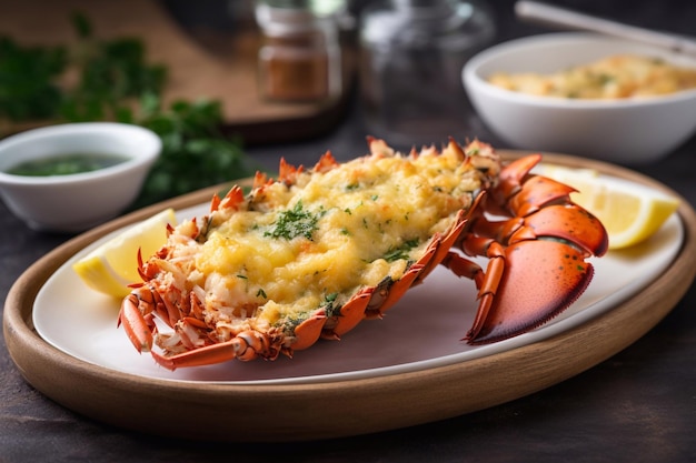 Prato de lagosta à thermidor em um restaurante de pratos que serve Generative AI