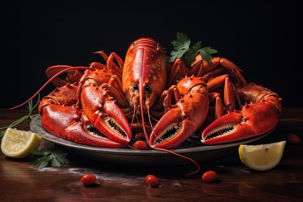 Prato de lagosta vermelha em um prato com ervas e frutos do mar de limão