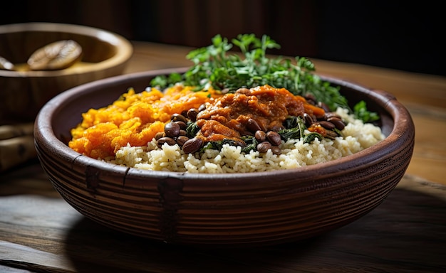 Foto prato de laranja com lentilhas de arroz e cuscuz