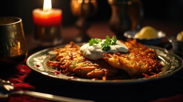 Prato de Latkes Delight Cozinha tradicional judaica de Hanukkah