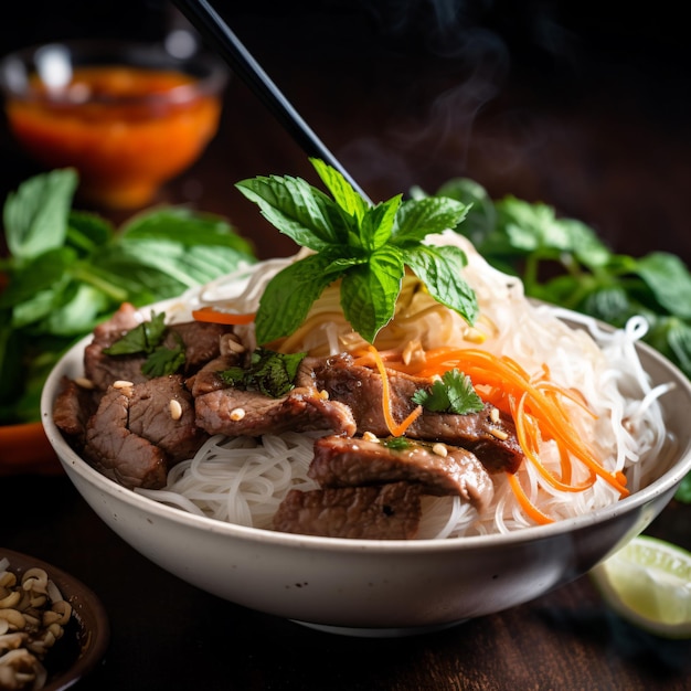 Prato de macarrão aletria de arroz frio vietnamita