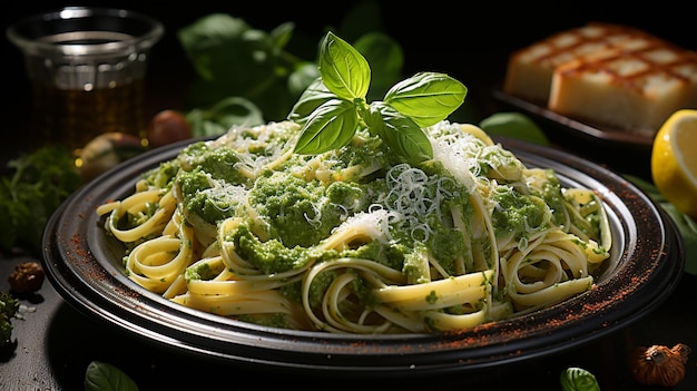 Foto prato de macarrão com pesto de manjericão fresco óleo dop