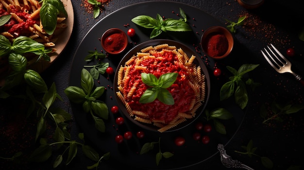 Prato de macarrão fusilli com tomate e manjericão