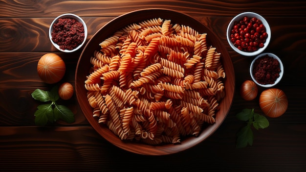 Prato de macarrão fusilli com tomate e manjericão