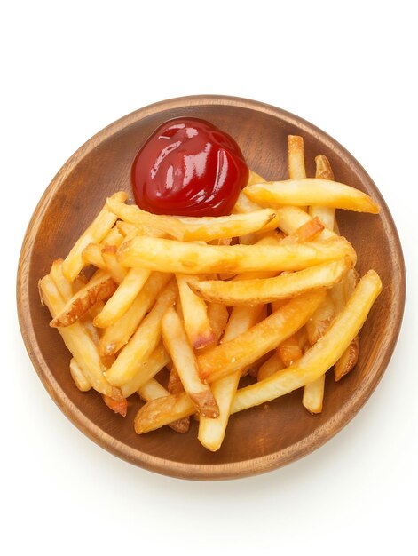 Prato de madeira de deliciosas batatas fritas com ketchup em fundo branco IA generativa