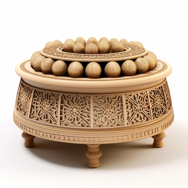 Prato de madeira ornamentado com várias bolas Renderização 3D realista