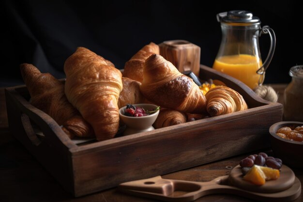 Prato de madeira rústica recheado com croissants recém-assados e doces criados com ai generativo