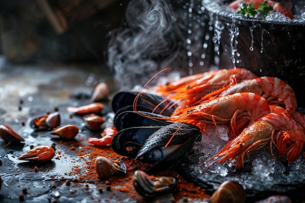 Foto prato de mariscos com caranguejo a vapor