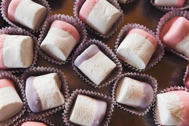 Prato de marshmallows coloridos para carrinho de sobremesa de festa. Barra de chocolate e conceito de catering para aniversário, casamento e outras comemorações de feriados, closeup